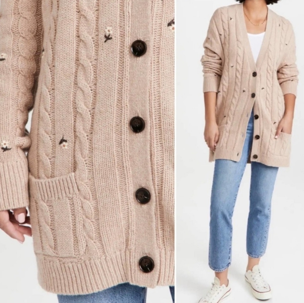 The Great  Embroidered Wool Cashmere Knit Cardigan Oatmeal Long Size 1 US Small - Picture 5 of 11